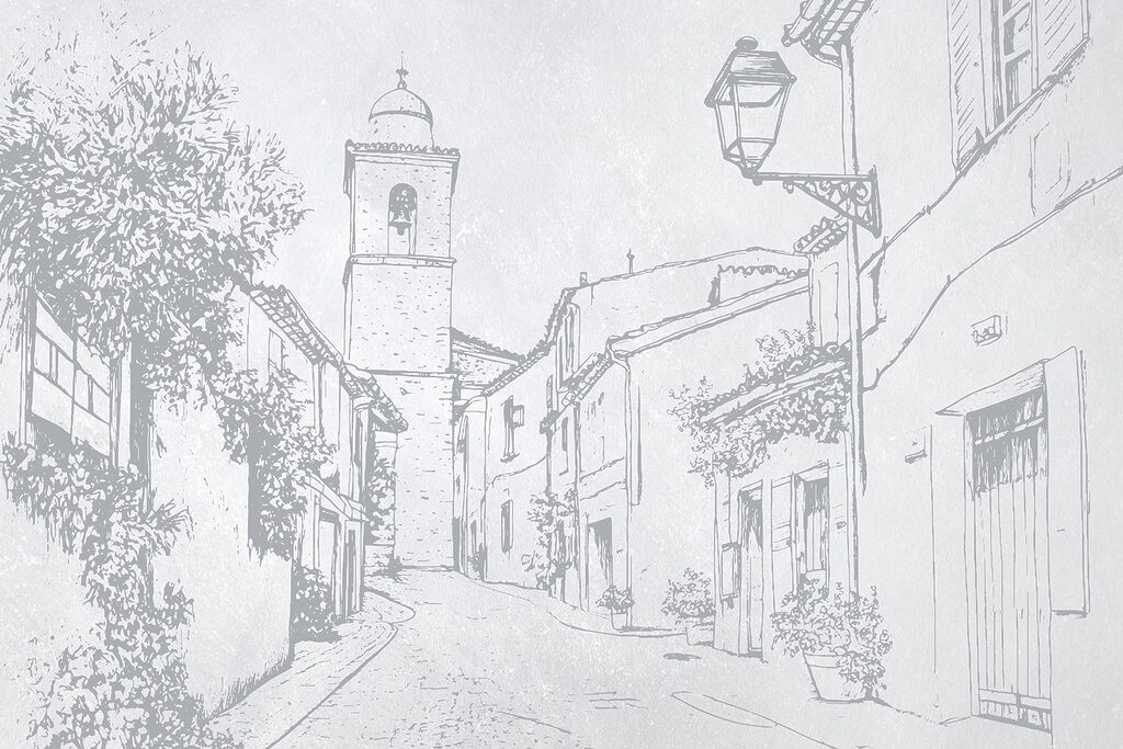 Drawing of a street with a bell tower Drawing of a street with a bell tower
