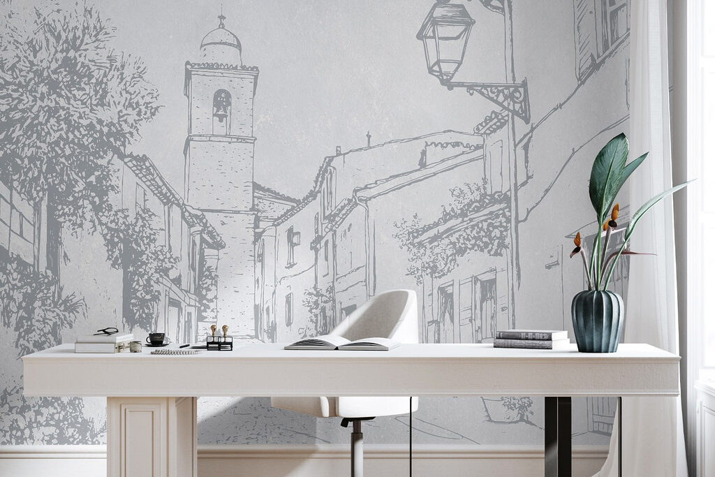 Drawing of a street with a bell tower Drawing of a street with a bell tower