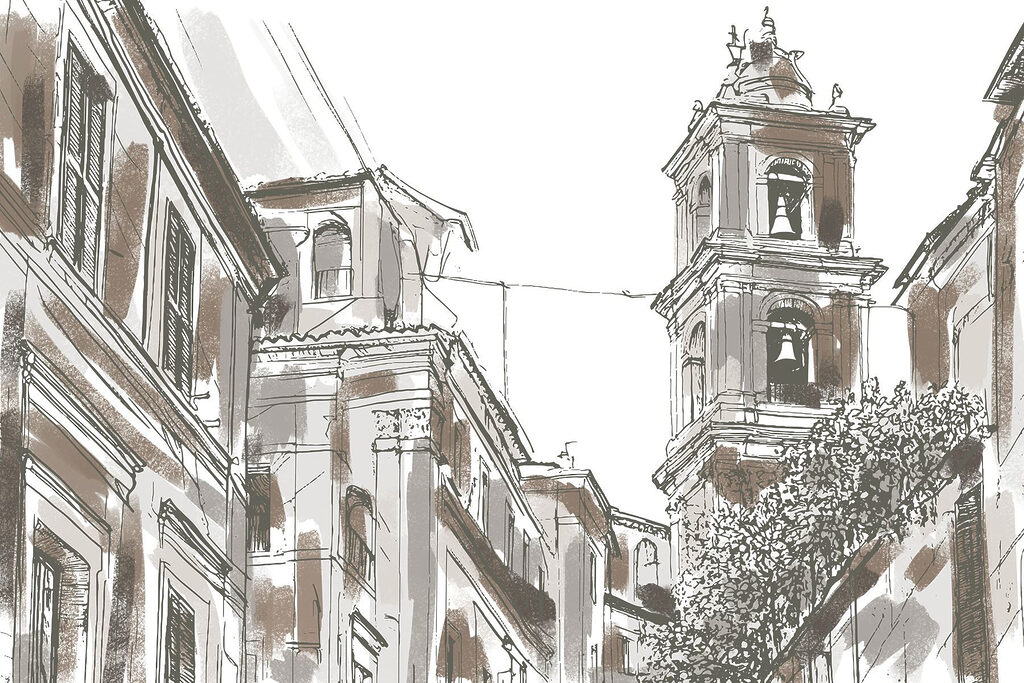 Drawing of a building with bells