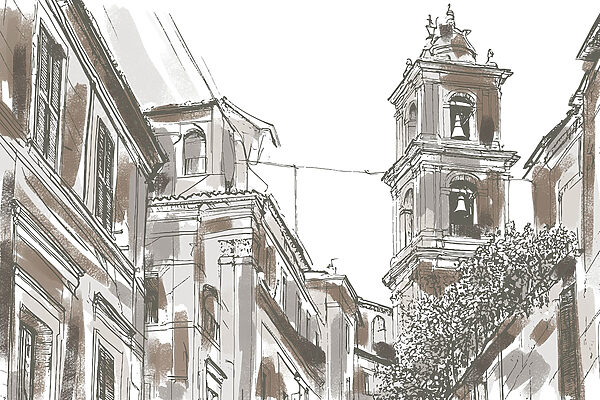 Drawing of a building with bells