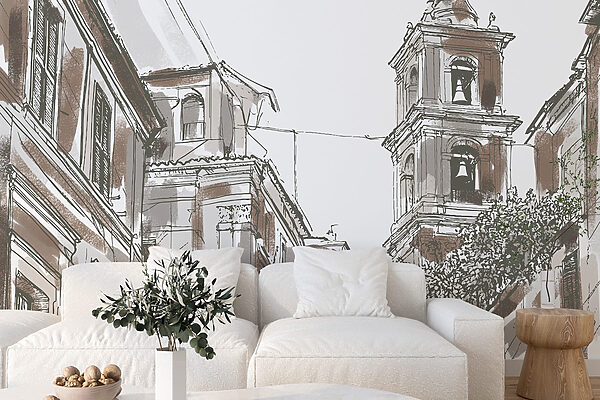 Drawing of a building with bells