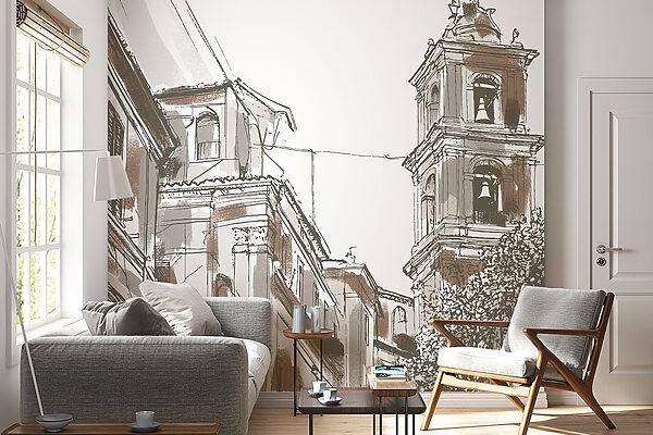 Drawing of a building with bells