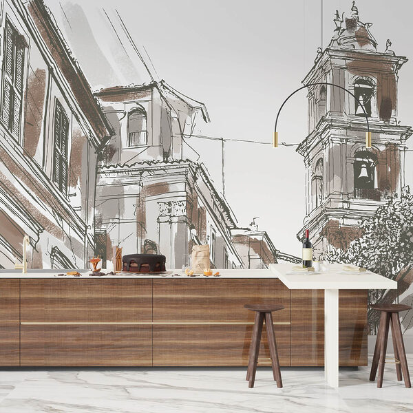 Drawing of a building with bells