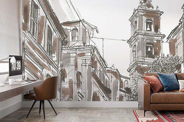 Drawing of a building with bells