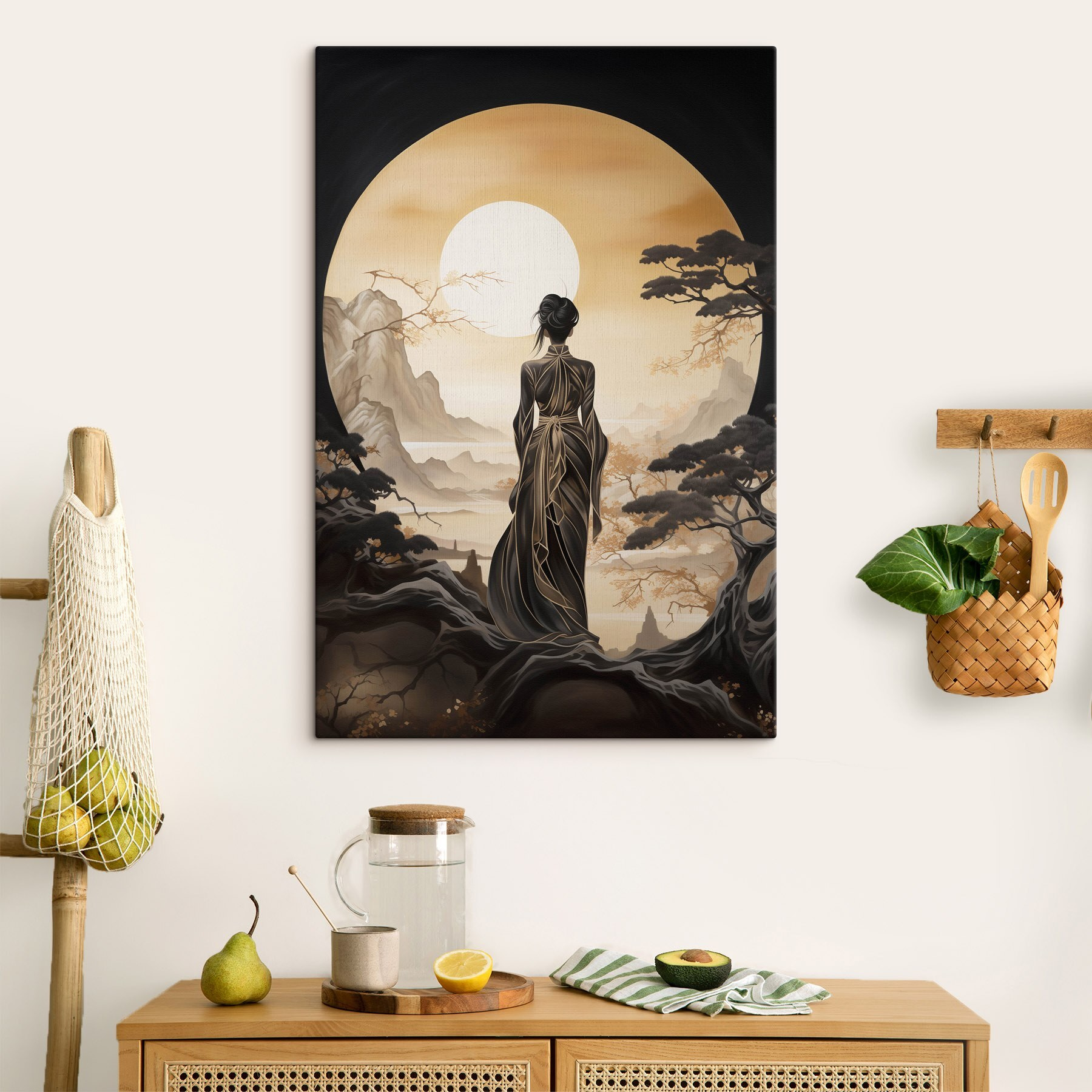 Woman in a long dress looking at the sun