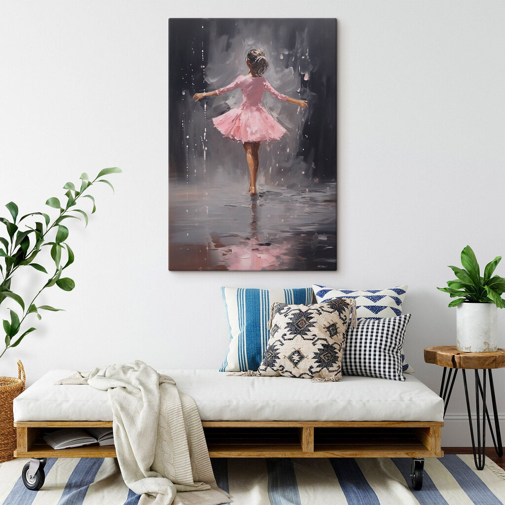 Painting of a girl in a pink dress dancing in the rain Painting of a girl in a pink dress dancing in the rain