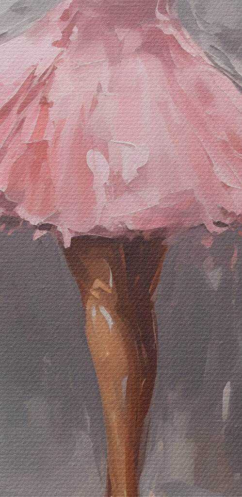Painting of a girl in a pink dress dancing in the rain Painting of a girl in a pink dress dancing in the rain
