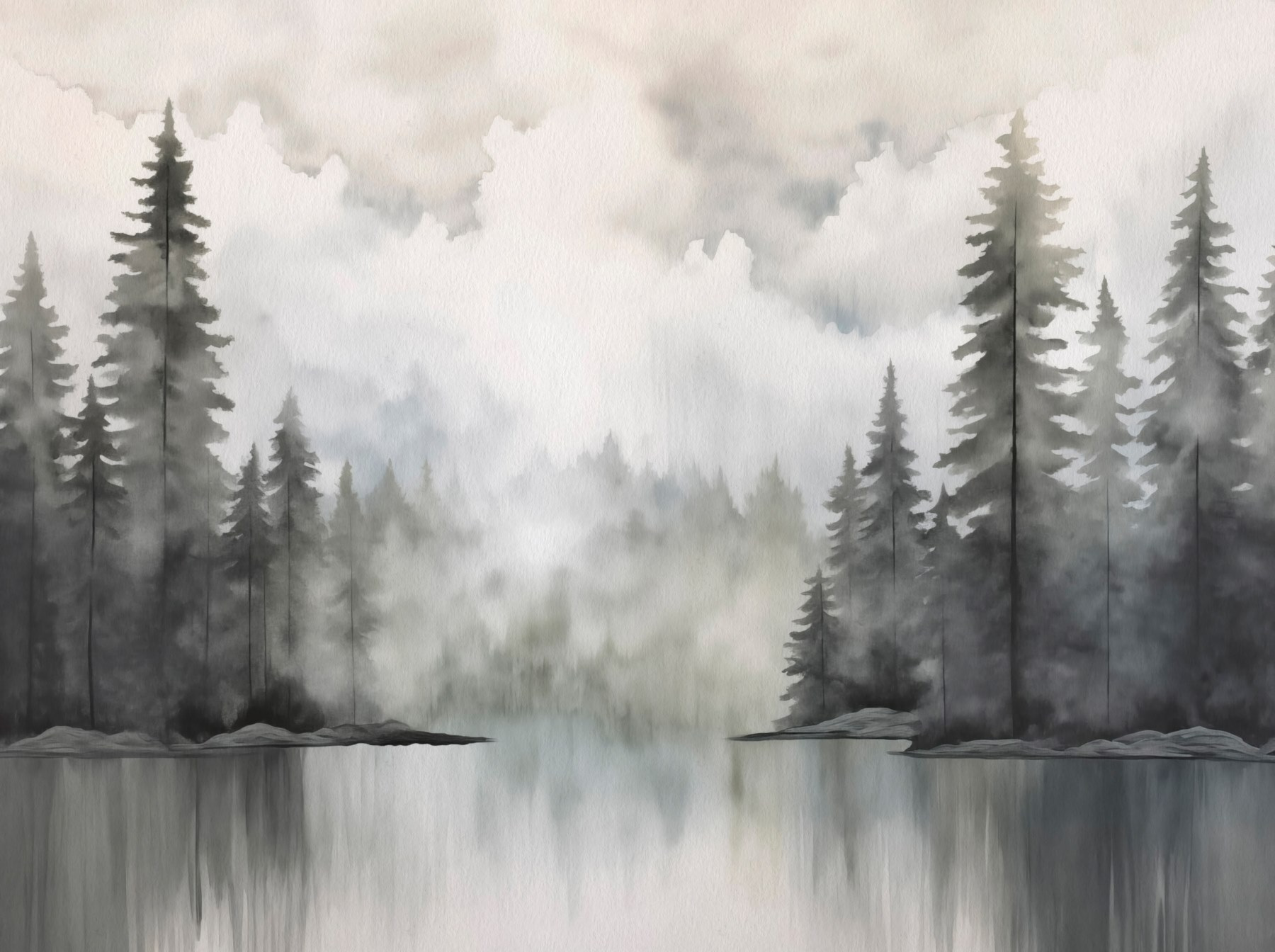 Watercolor painting of a forest and a lake
