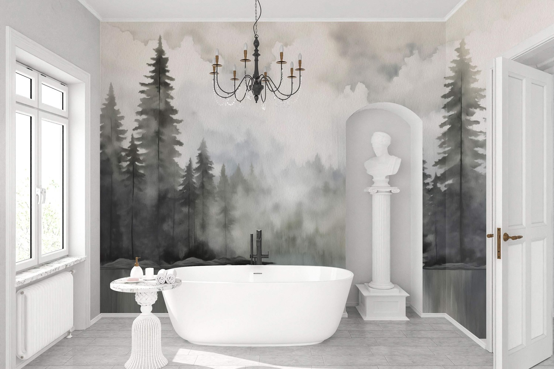 Watercolor painting of a forest and a lake