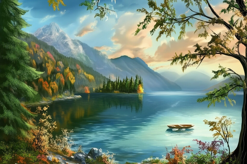 Boat on a lake surrounded by mountains