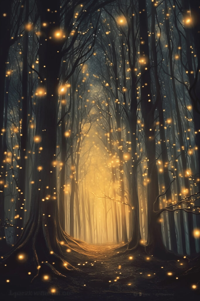 Path through a forest with many trees with lights Path through a forest with many trees with lights