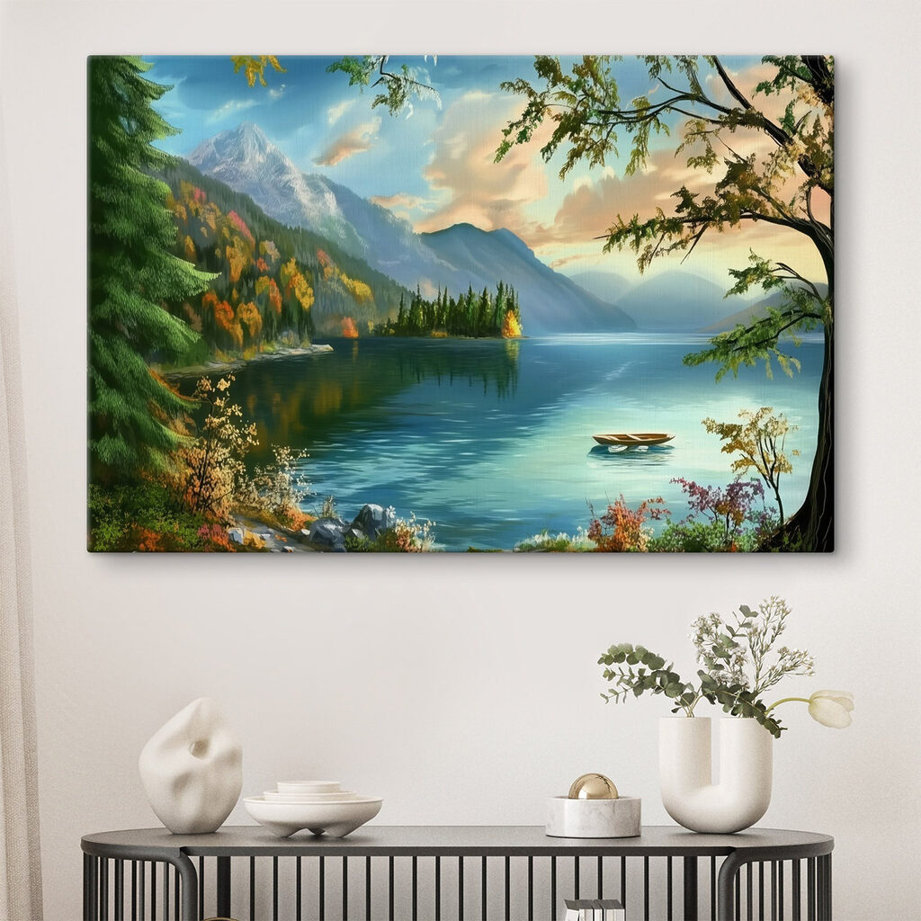 Boat on a lake surrounded by mountains