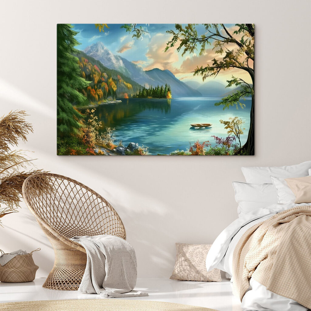 Boat on a lake surrounded by mountains