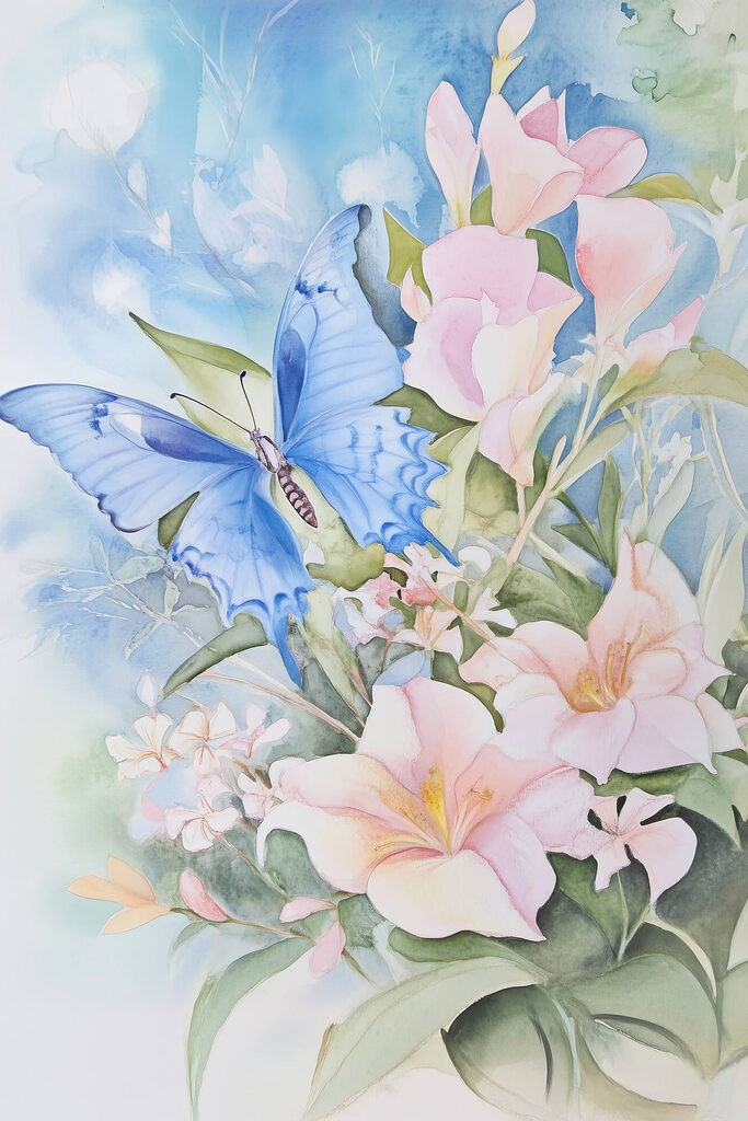 Painting of a butterfly on flowers Painting of a butterfly on flowers