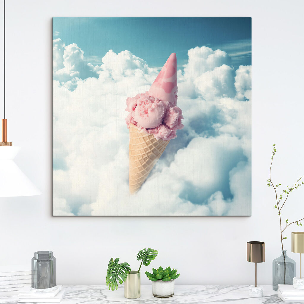 Pink ice cream cone in the clouds