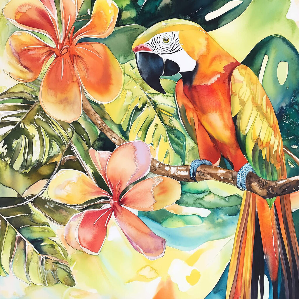 Painting of a parrot on a branch with flowers Painting of a parrot on a branch with flowers