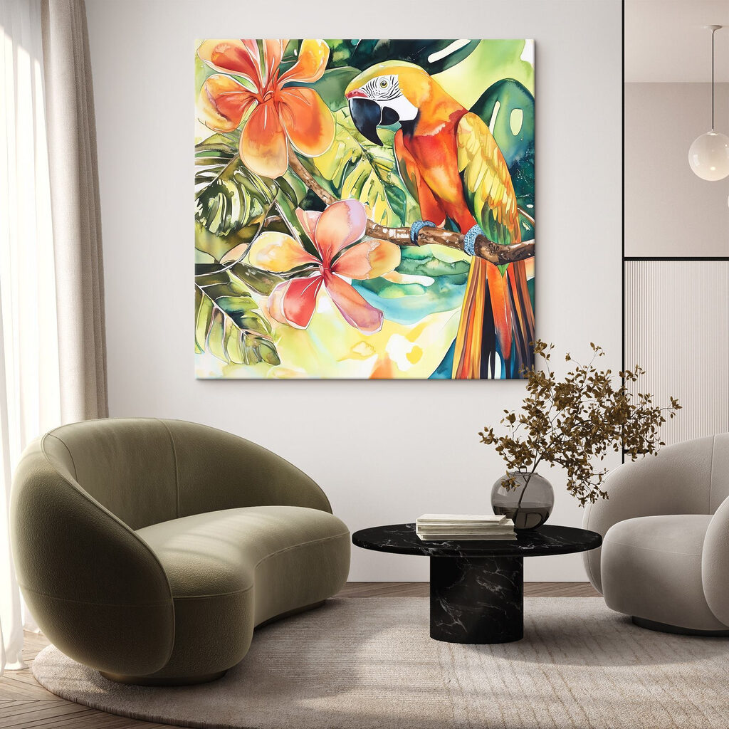 Painting of a parrot on a branch with flowers Painting of a parrot on a branch with flowers