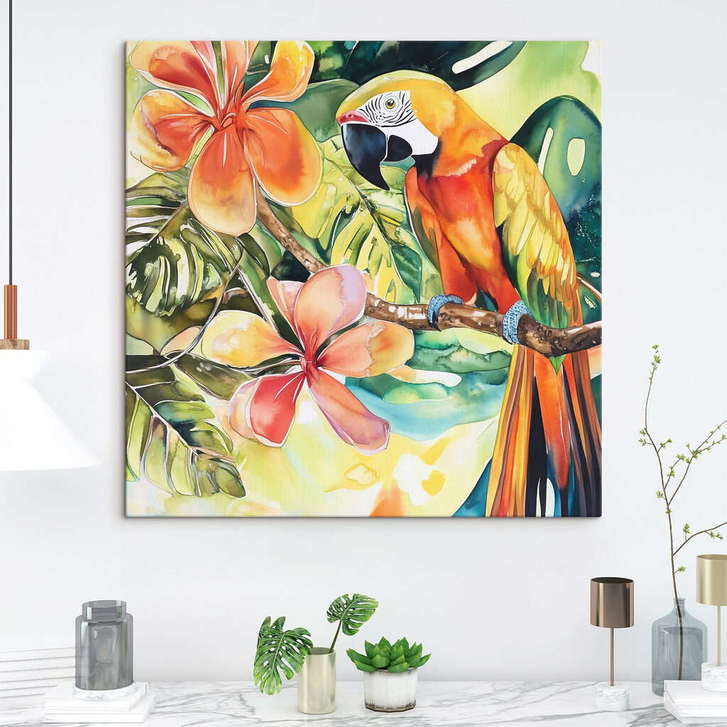 Painting of a parrot on a branch with flowers Painting of a parrot on a branch with flowers