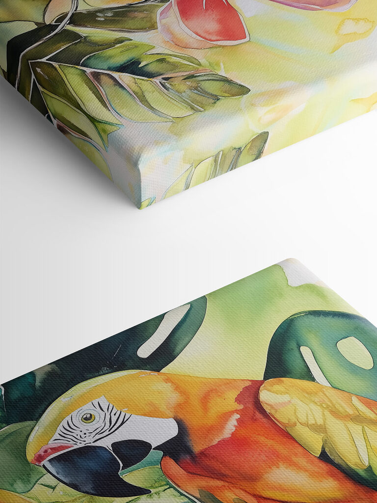 Painting of a parrot on a branch with flowers Painting of a parrot on a branch with flowers