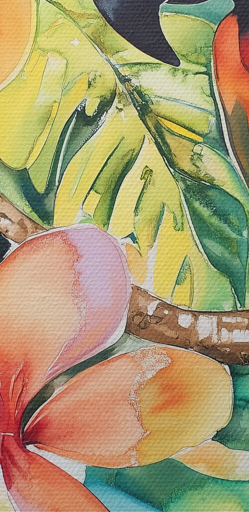 Painting of a parrot on a branch with flowers Painting of a parrot on a branch with flowers