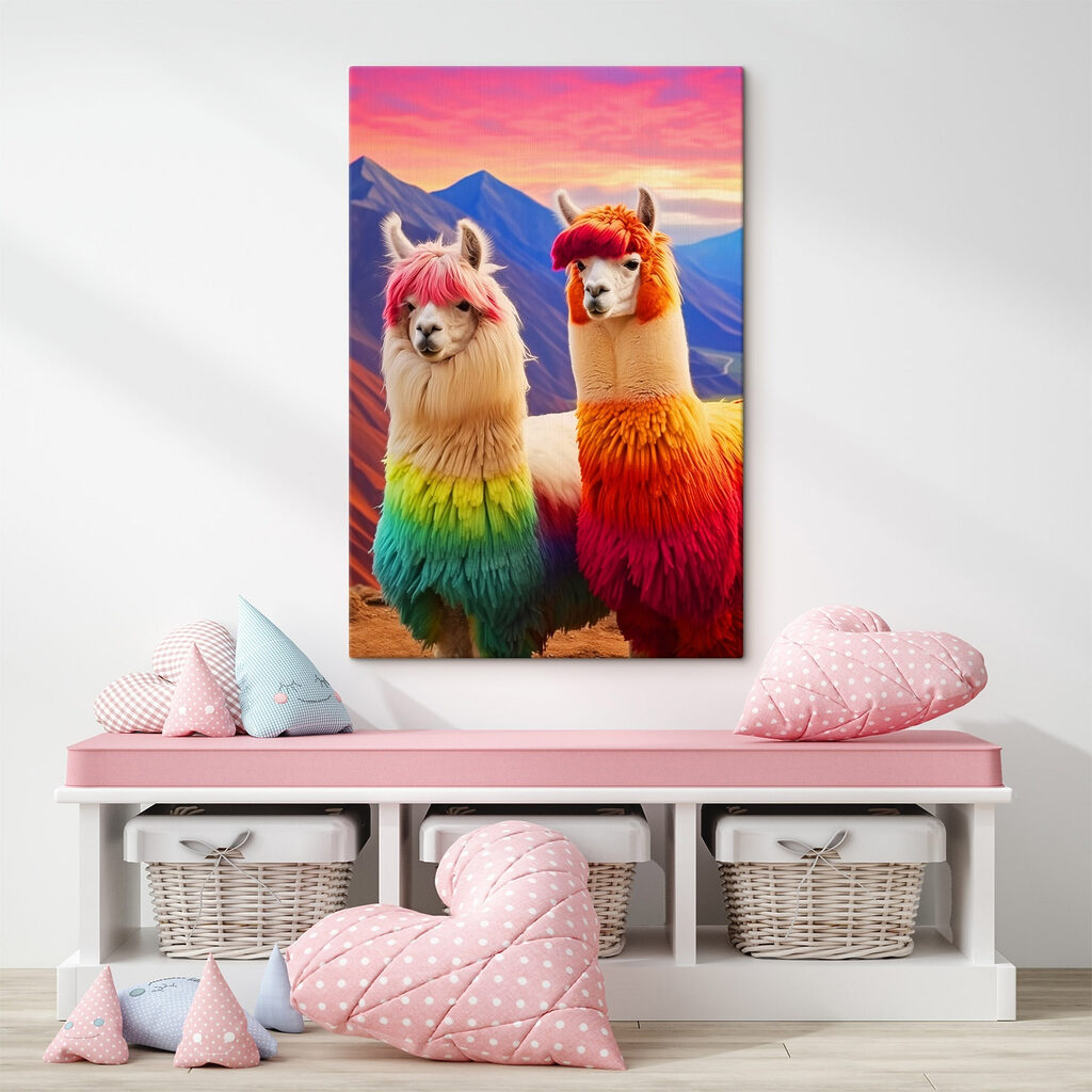 Two llamas with rainbow colored hair