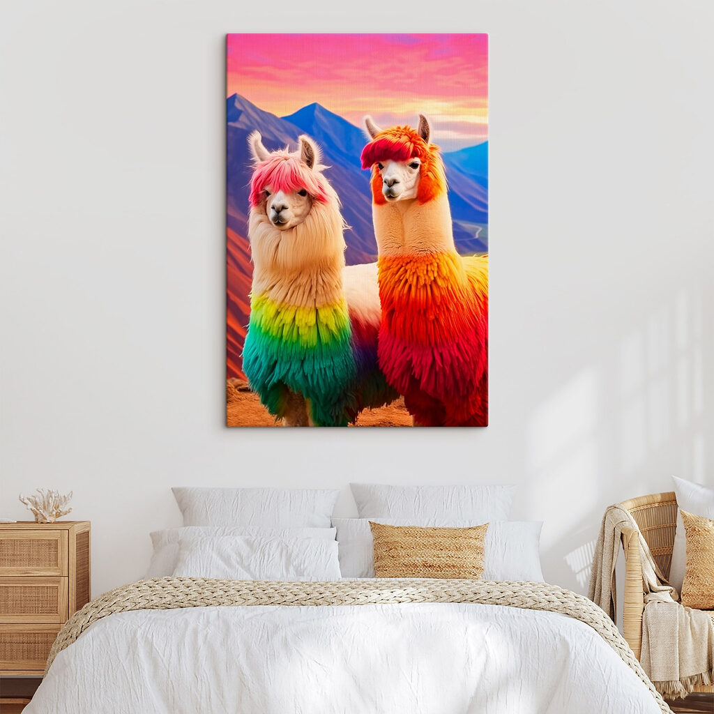 Two llamas with rainbow colored hair