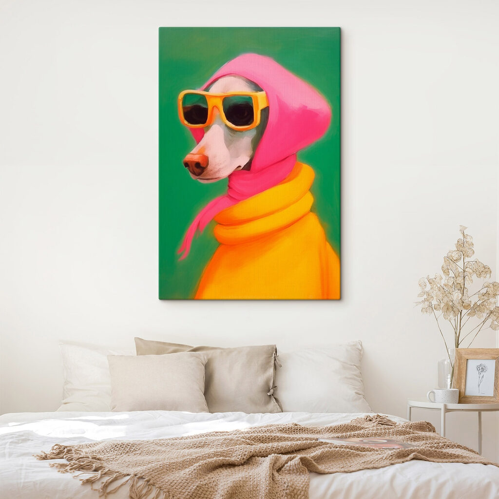 Dog wearing a pink scarf and sunglasses Dog wearing a pink scarf and sunglasses