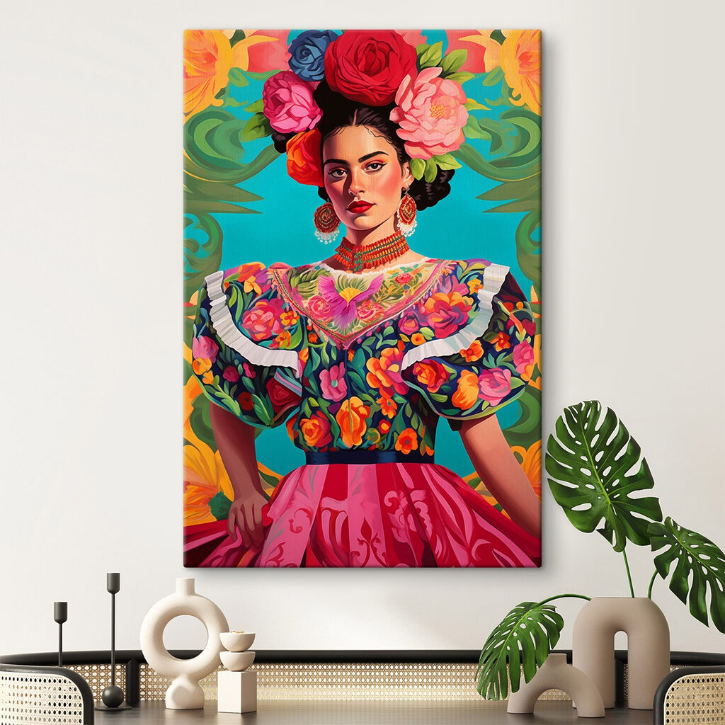 Woman wearing a colorful dress with flowers in her hair