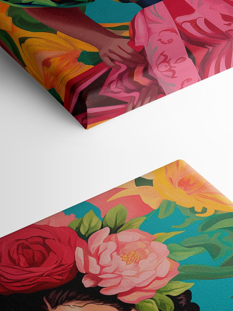 Woman wearing a colorful dress with flowers in her hair