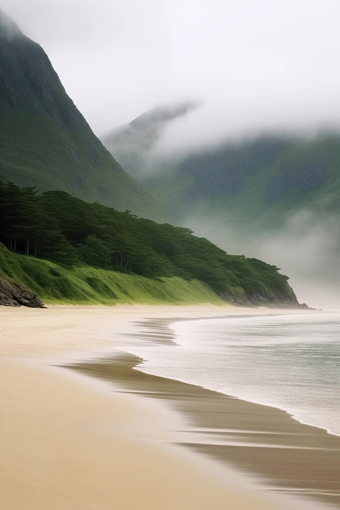 Beach with trees and mountains Beach with trees and mountains