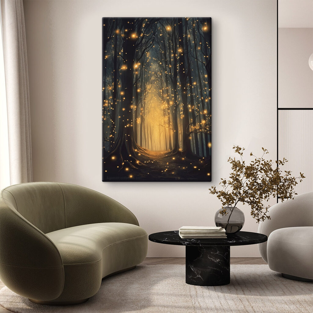 Path through a forest with many trees with lights Path through a forest with many trees with lights