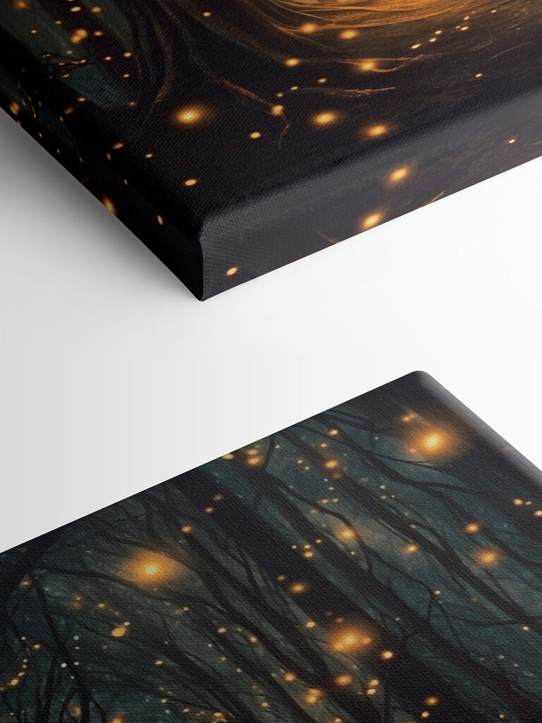 Path through a forest with many trees with lights Path through a forest with many trees with lights