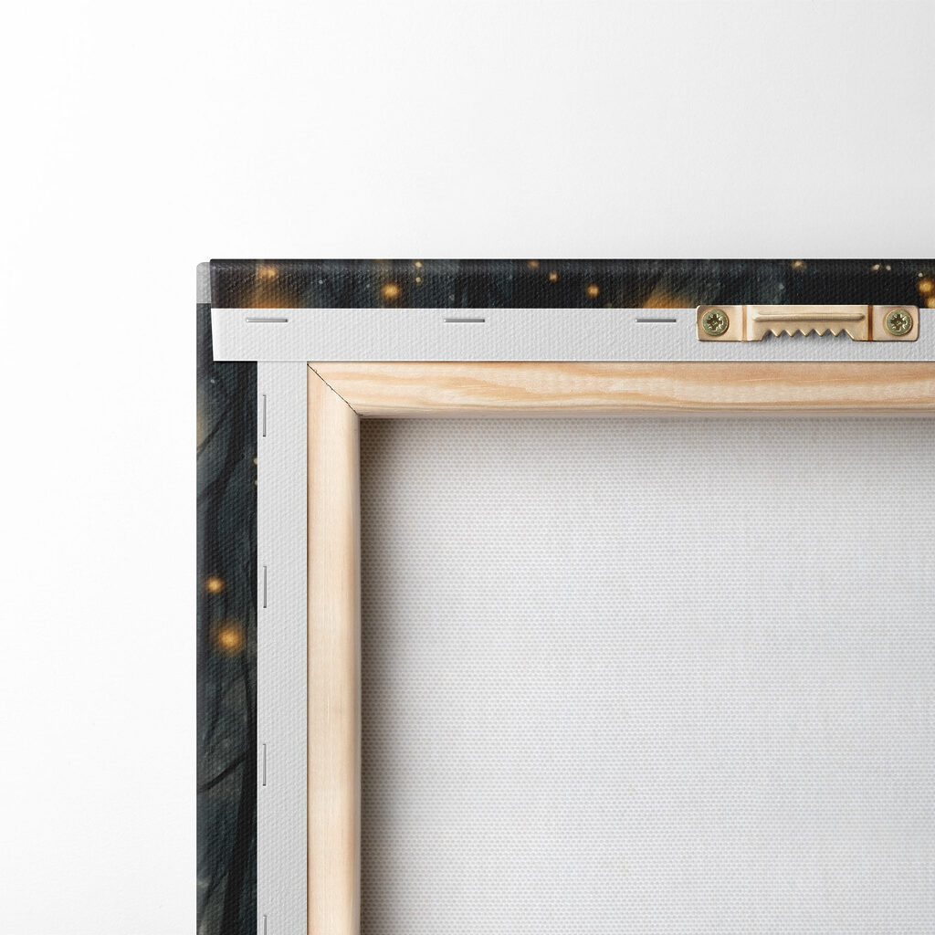 Path through a forest with many trees with lights Path through a forest with many trees with lights