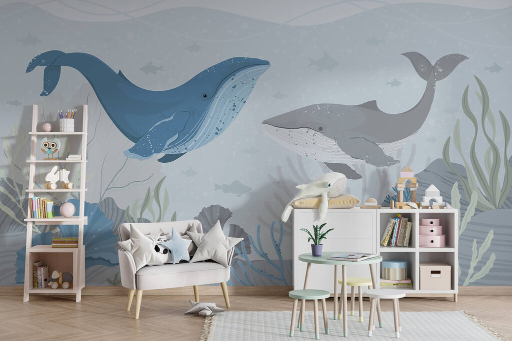 Whale and whale swimming in the ocean