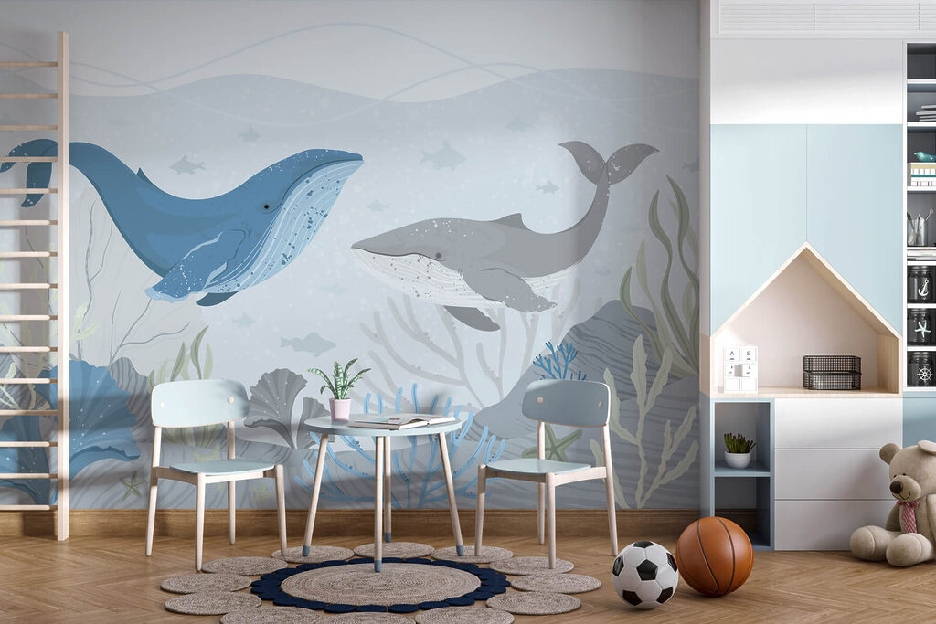 Whale and whale swimming in the ocean