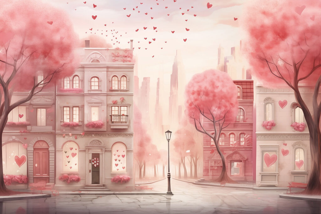 Pink trees with hearts falling from the sky Pink trees with hearts falling from the sky