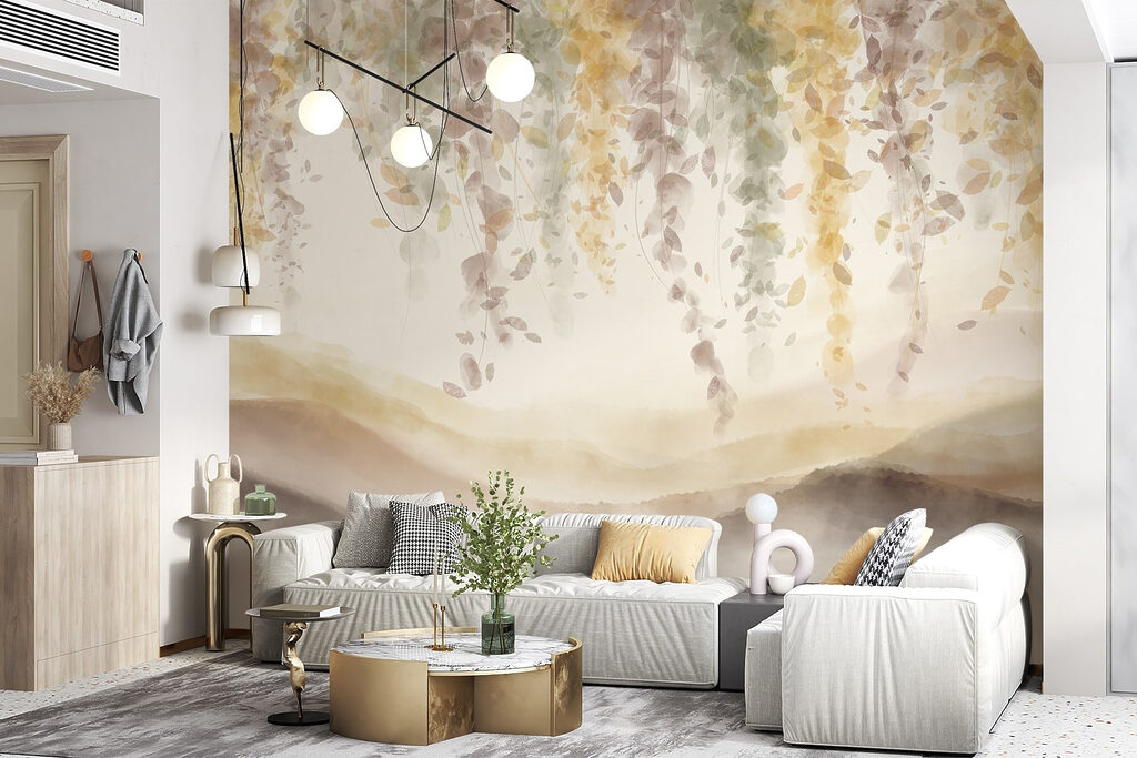 Painting of a landscape with leaves from the ceiling Painting of a landscape with leaves from the ceiling