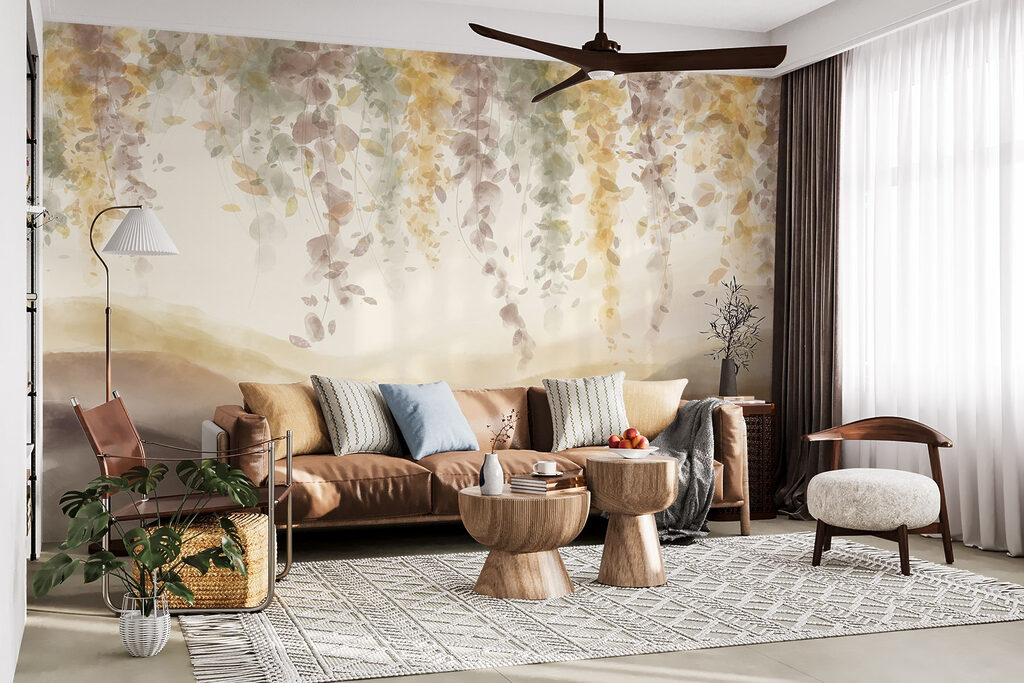 Painting of a landscape with leaves from the ceiling Painting of a landscape with leaves from the ceiling