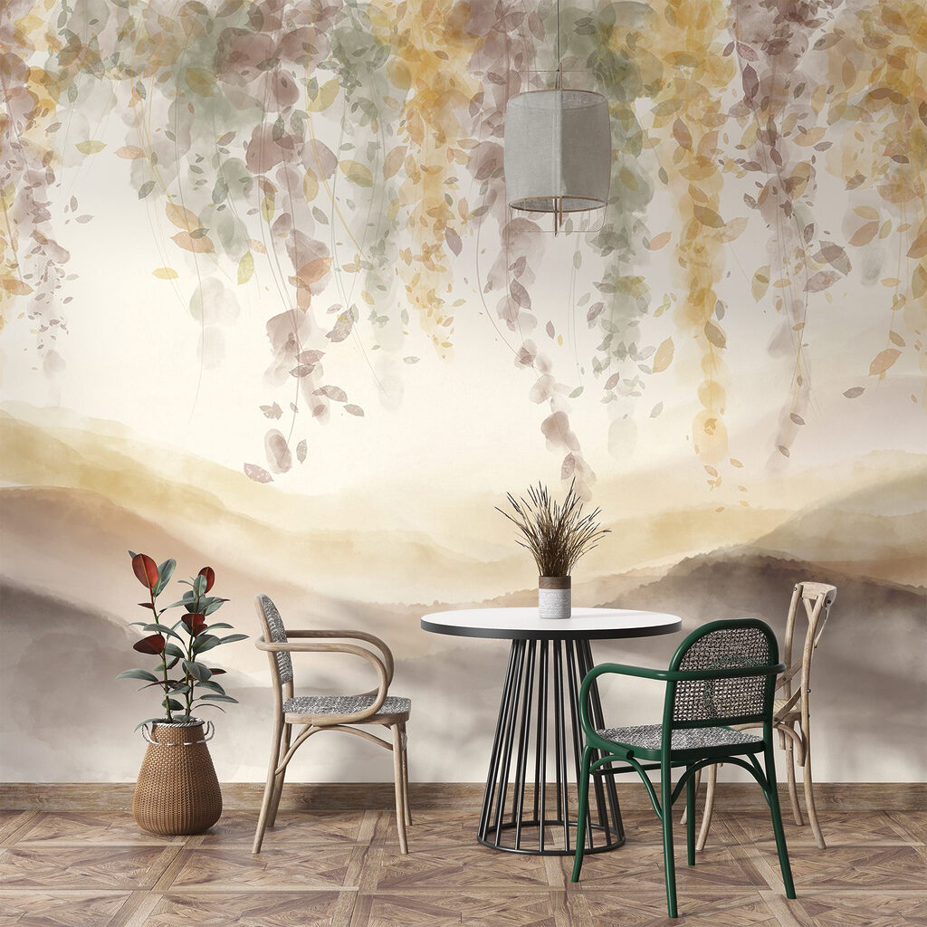 Painting of a landscape with leaves from the ceiling Painting of a landscape with leaves from the ceiling