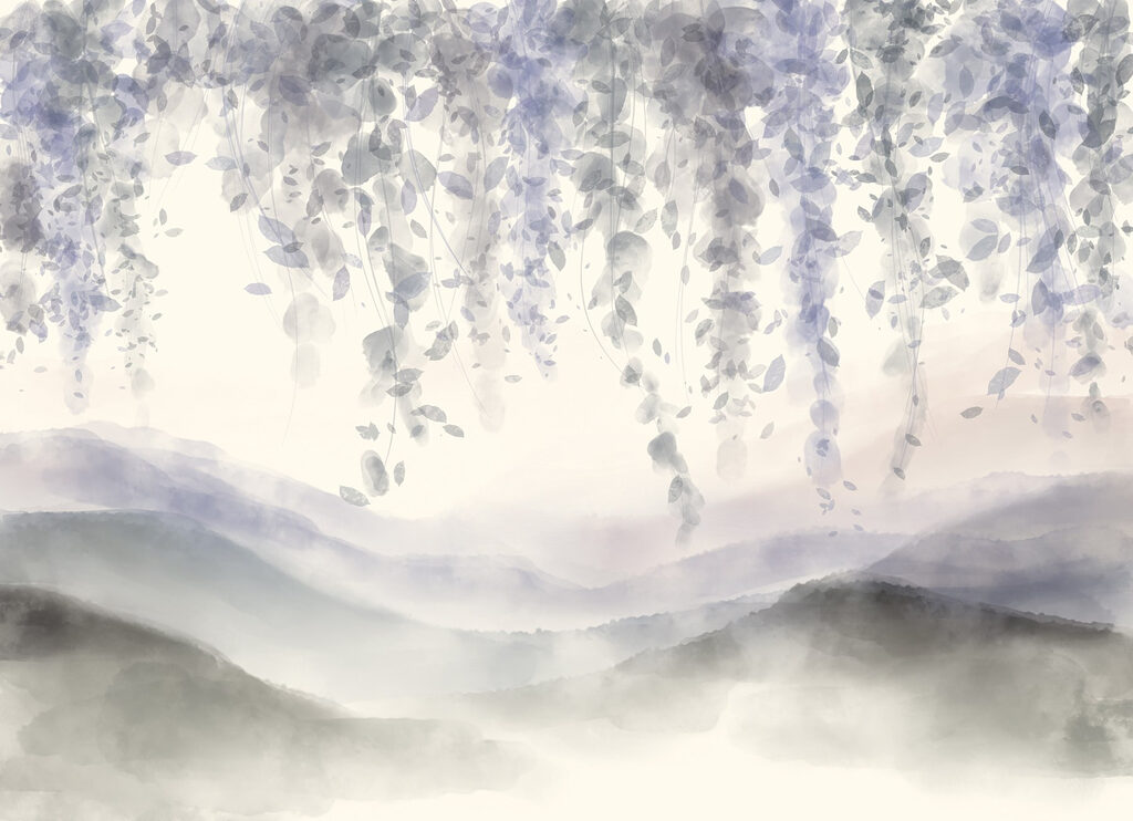 Painting of a landscape with fog and leaves
