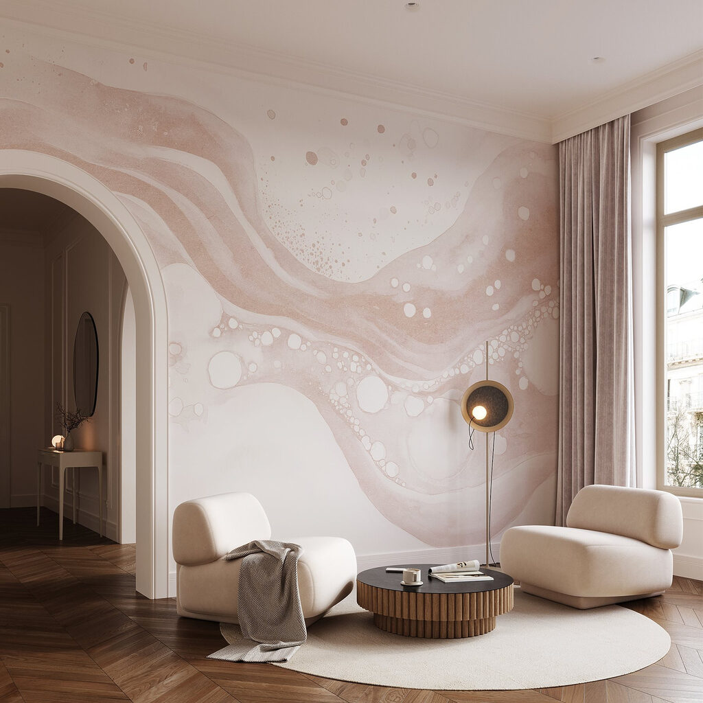 White and brown liquid with white circles and dots