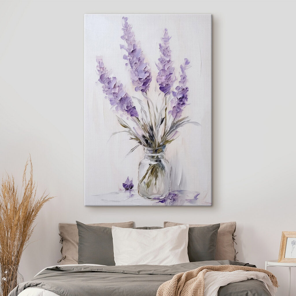 Painting of purple flowers in a glass vase Painting of purple flowers in a glass vase
