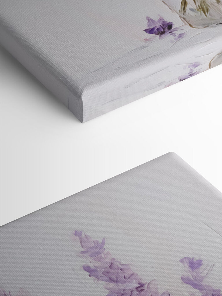 Painting of purple flowers in a glass vase Painting of purple flowers in a glass vase