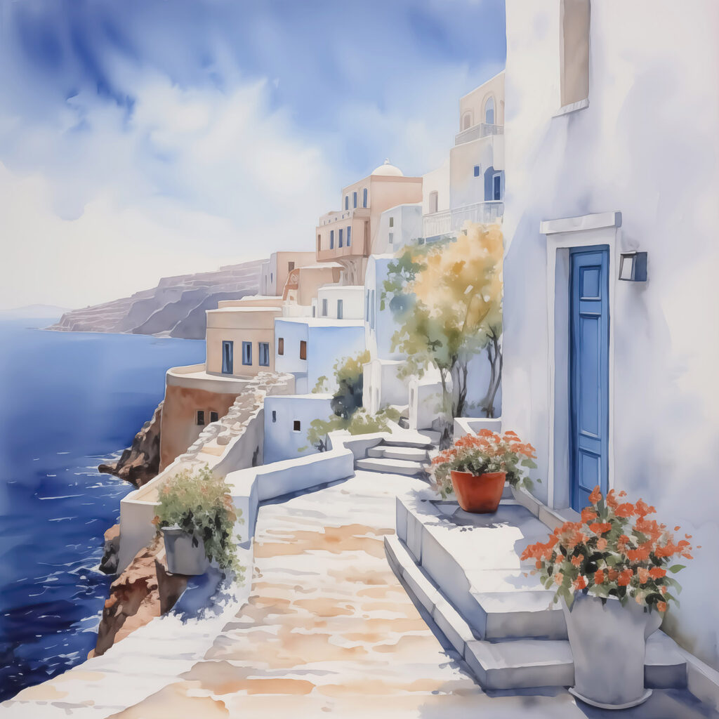 Watercolor painting of a white building with blue doors and flowers on a cliff