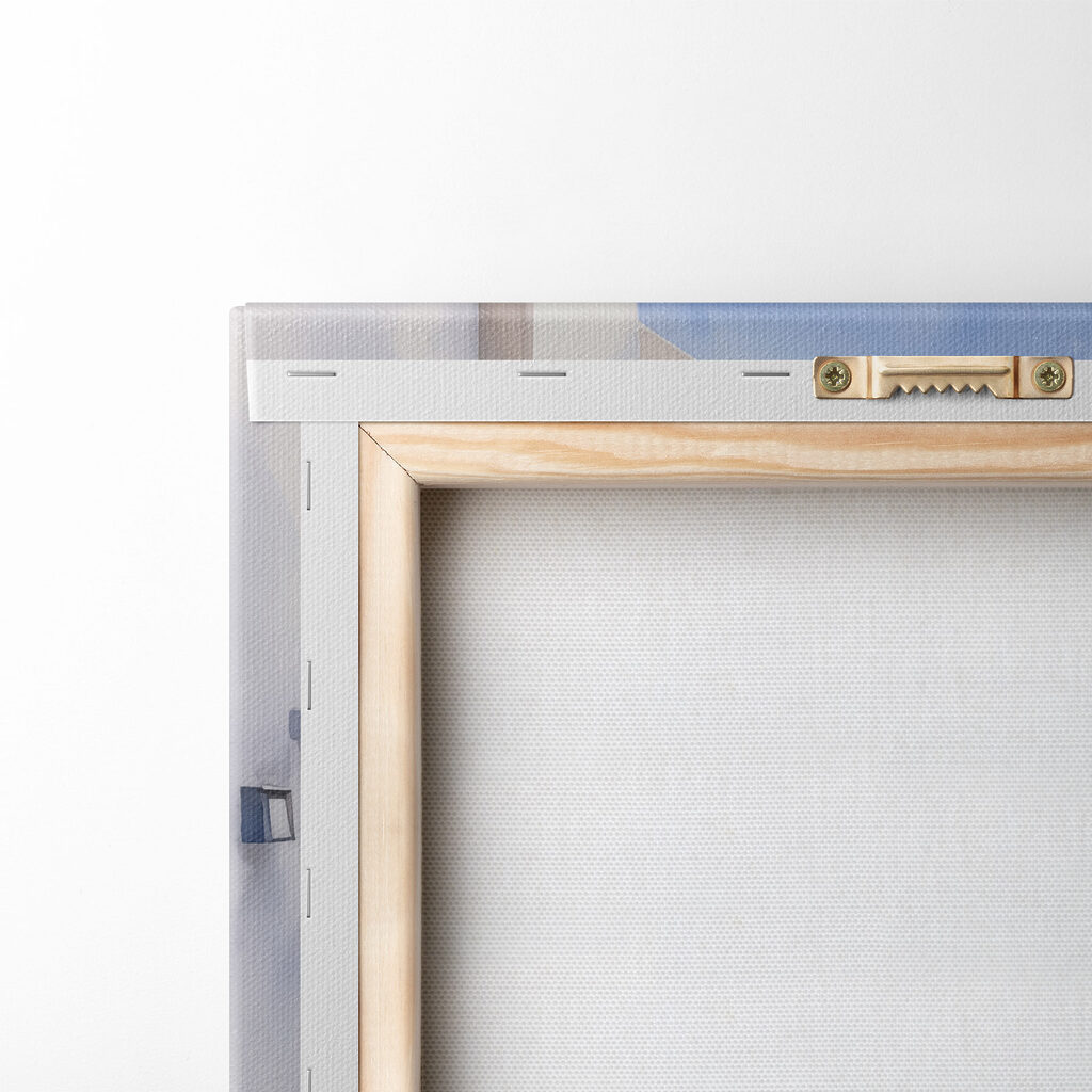 Watercolor painting of a white building with blue doors and flowers on a cliff