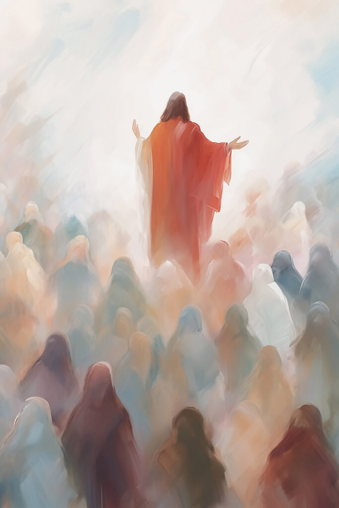 Painting of a man in a red robe surrounded by a group of people Painting of a man in a red robe surrounded by a group of people