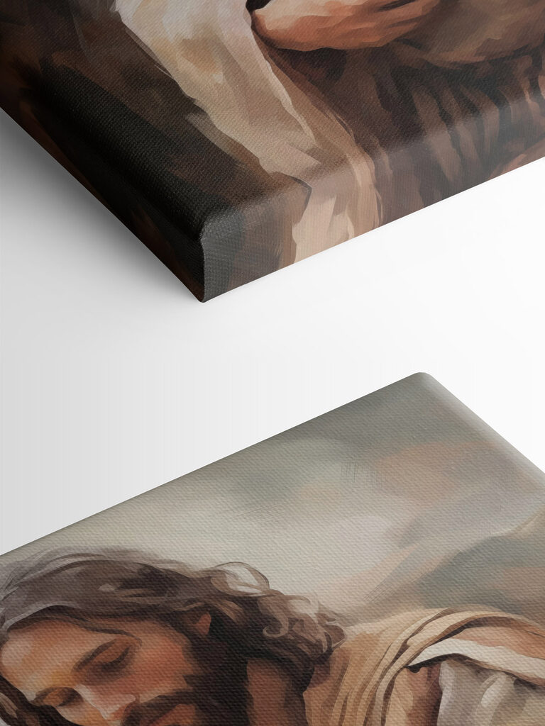 Painting of a man holding a lamb Painting of a man holding a lamb