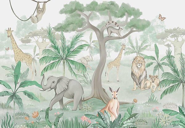 Wallpaper with animals and trees