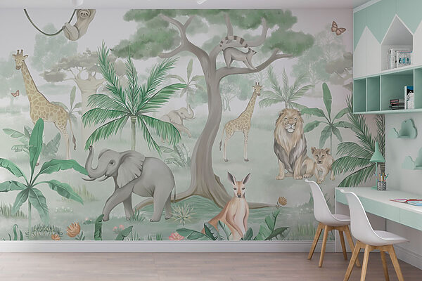 Wallpaper with animals and trees