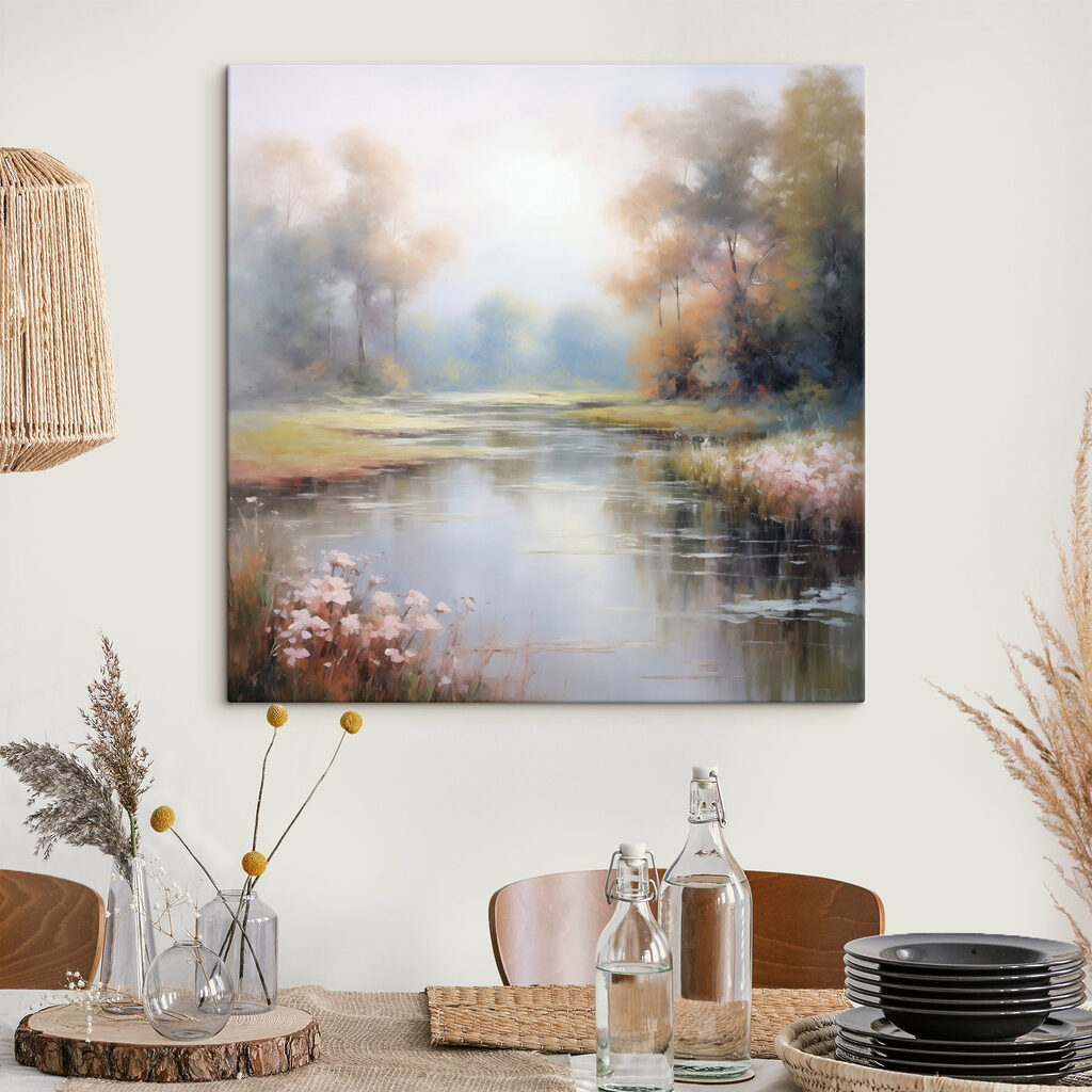 Painting of a river with trees and grass